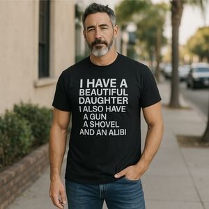 Canvas Funny Dad Tee ✦ Black 4XL Graphic Shirt ✦ Daughter Gun Shovel Alibi EUC